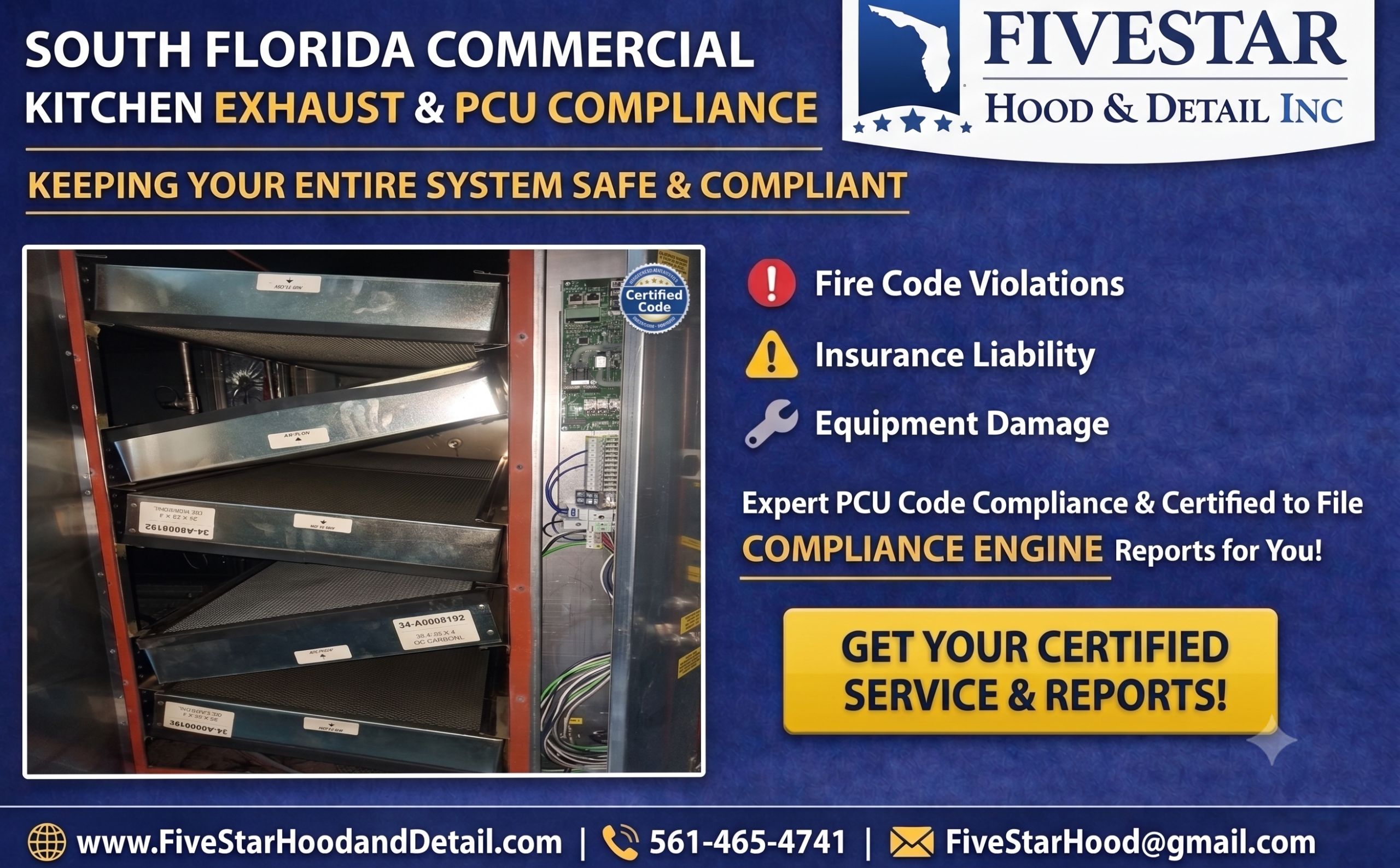 A freshly serviced commercial kitchen Pollution Control Unit (PCU) featuring clean, properly aligned carbon filters, maintained by Five Star Hood & Detail in Boca Raton, South Florida.